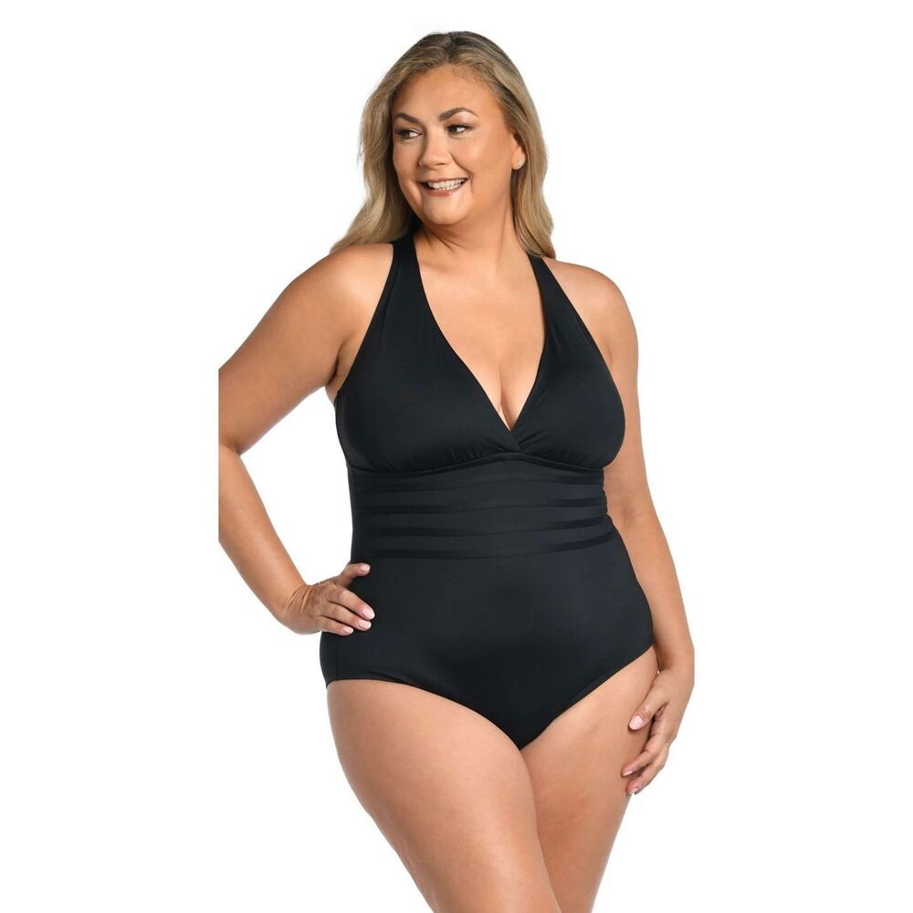 NWT La Blanca Island Goddess Multi-Strap Cross-Back One-Piece Swimsuit Black 12